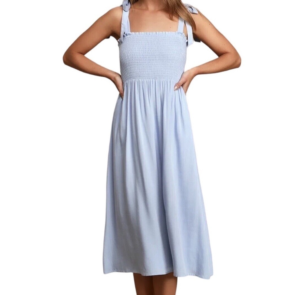 LULUโS Looking Up Blue Chambray Smocked Tie-Strap Midi Dress Sz XS Cottagecore